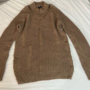 Women’s Large Brown Choker Collar Distressed Sweater
